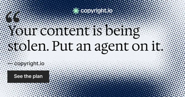Social ad for copyright.io: "Protect your work." Swiss style, quote layout, light palette in grey, blue, white.