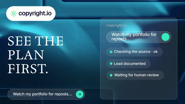 Landscape graphic for copyright.io: "See the plan first." Agentic glass style, bottom layout, dark palette in blue, teal.