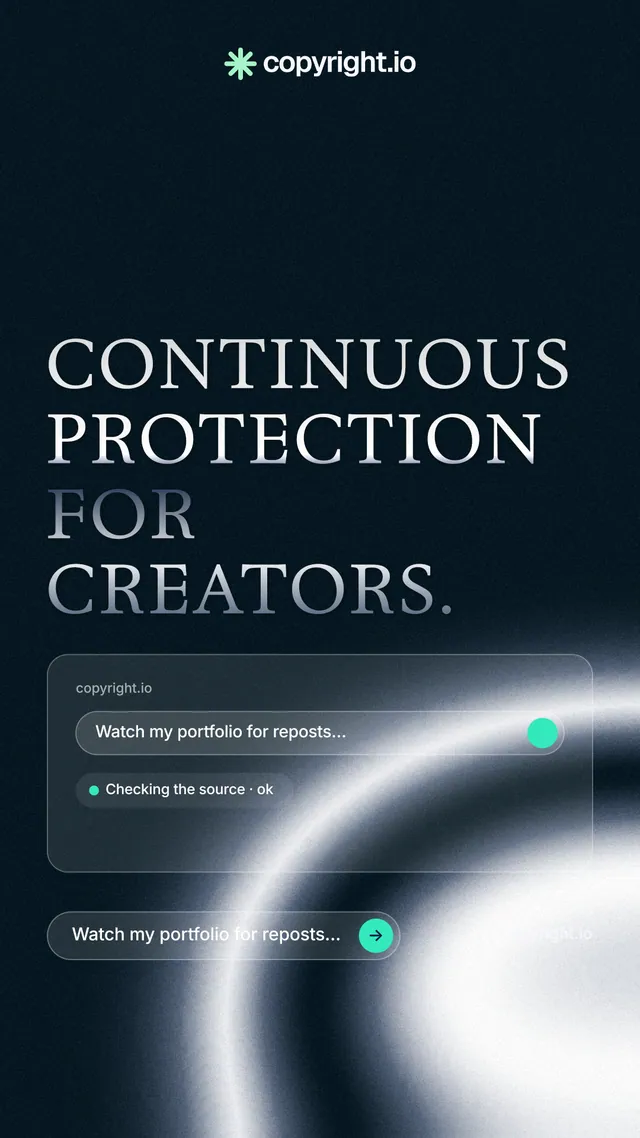 Instagram story for copyright.io: "Continuous protection for creators." Agentic glass style, poster layout, dark palette in black, blue, grey.