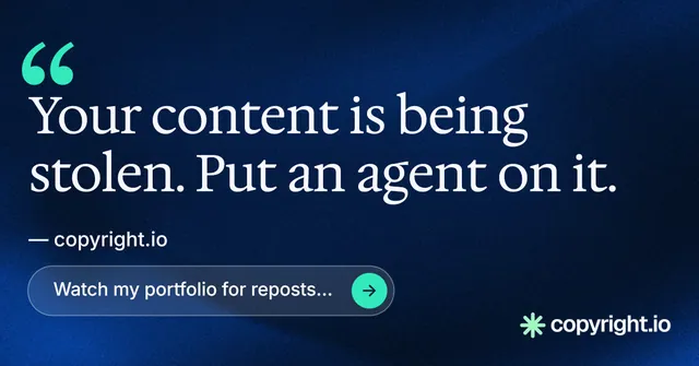 Social ad for copyright.io: "See the plan first." Agentic glass style, quote layout, dark palette in blue, black.