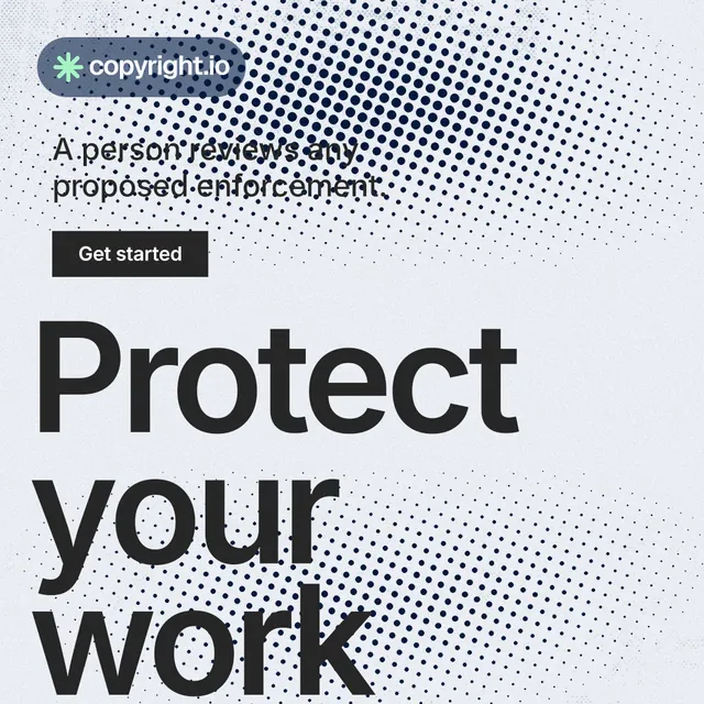 Instagram post for copyright.io: "See the plan first." Swiss style, oversized layout, light palette in white, blue, grey.