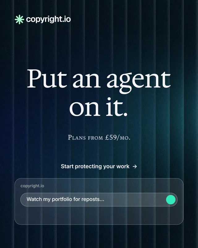 Instagram portrait post for copyright.io: "Put an agent on it." Agentic glass style, smallcaps layout, dark palette in black, blue, grey.