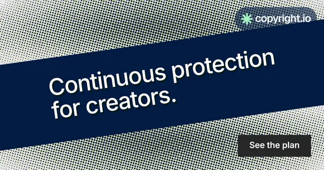 Social ad for copyright.io: "Continuous protection for creators." Swiss style, diagonal layout, dark palette in blue, grey.