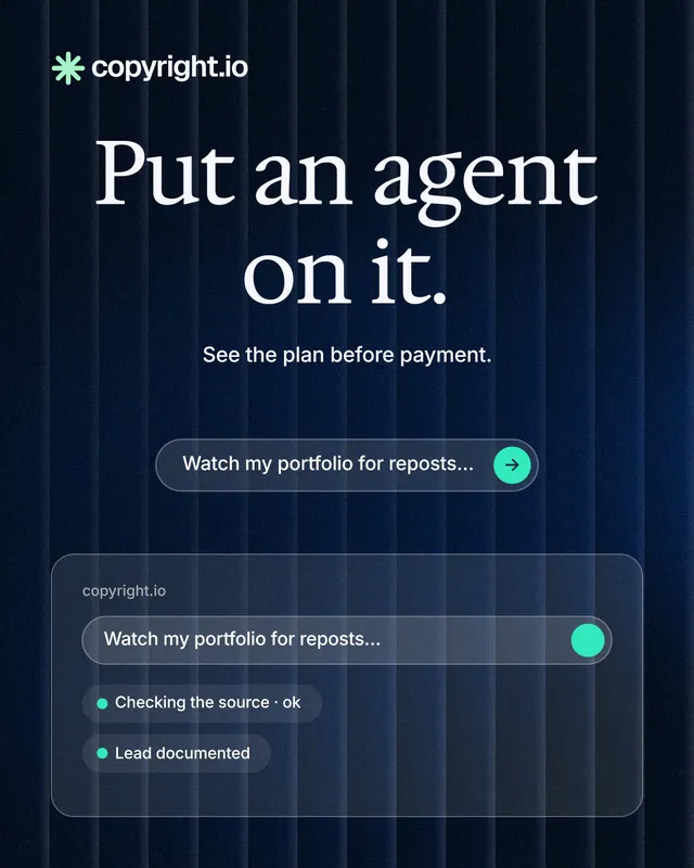 Instagram portrait post for copyright.io: "Put an agent on it." Agentic glass style, centred layout, dark palette in black, blue, grey.