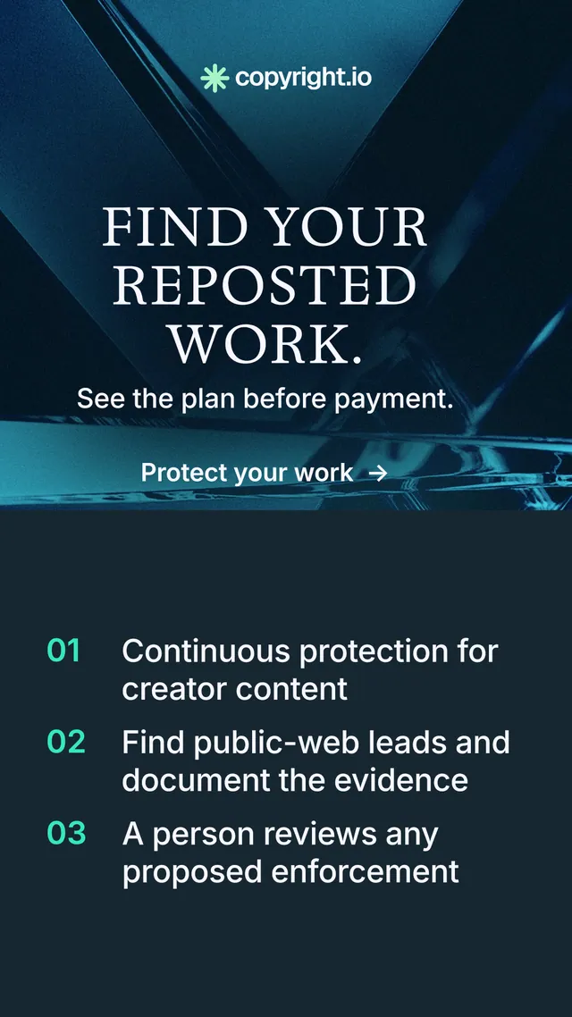 Instagram story for copyright.io: "Find your reposted work." Minimal luxury style, skeleton layout, dark palette in blue, black.