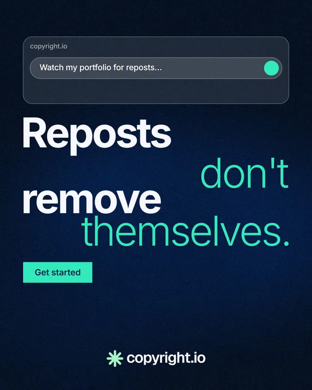 Instagram portrait post for copyright.io: "Reposts don't remove themselves." Swiss style, stacked layout, dark palette in blue, black, teal.