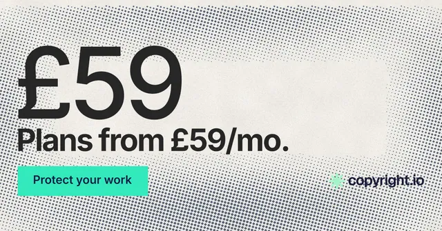 Social ad for copyright.io: "Find your reposted work." Swiss style, stat layout, light palette in grey, white, green.