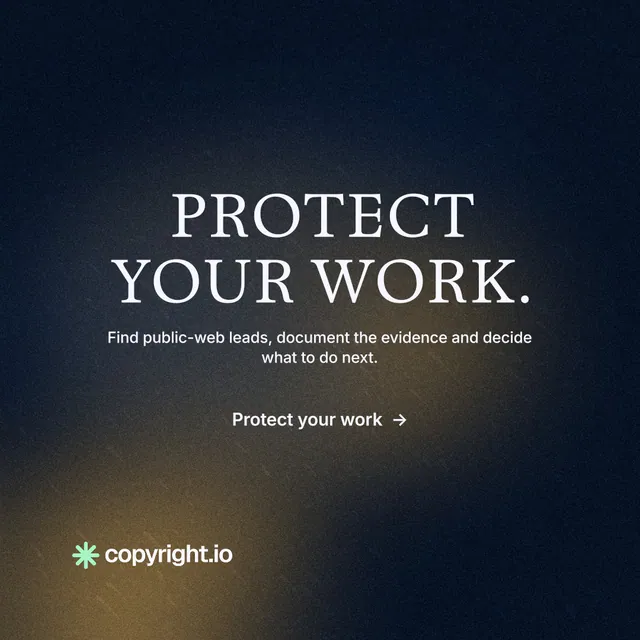 Instagram post for copyright.io: "Protect your work." Minimal luxury style, centred layout, dark palette in black, grey.