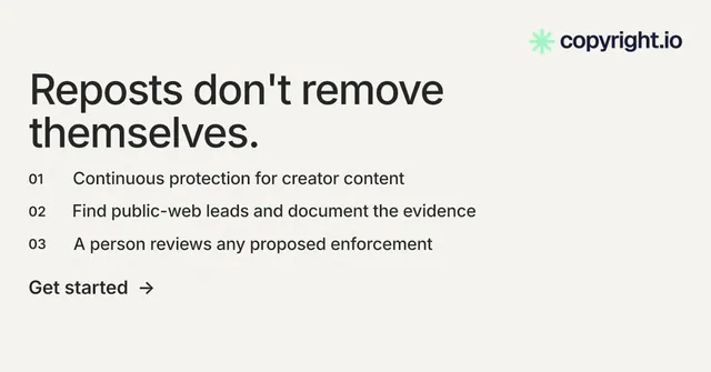 Social ad for copyright.io: "Reposts don't remove themselves." Minimal luxury style, numbered layout, light palette in white, grey.