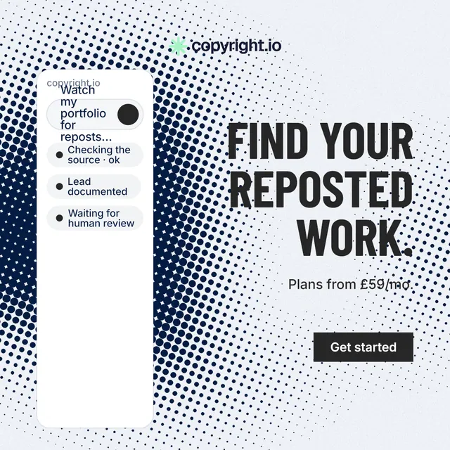 Instagram post for copyright.io: "Find your reposted work." Retro print style, right layout, light palette in white, grey.