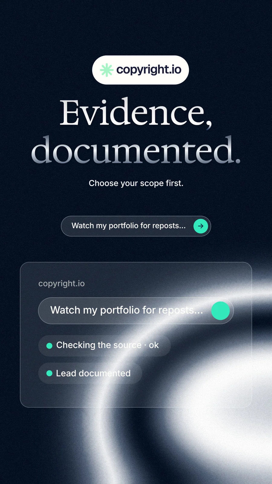 Instagram story for copyright.io: "Evidence, documented." Agentic glass style, centred layout, dark palette in black, blue, grey.
