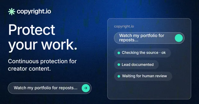 Social ad for copyright.io: "Protect your work." Agentic glass style, bottom layout, dark palette in blue, black.