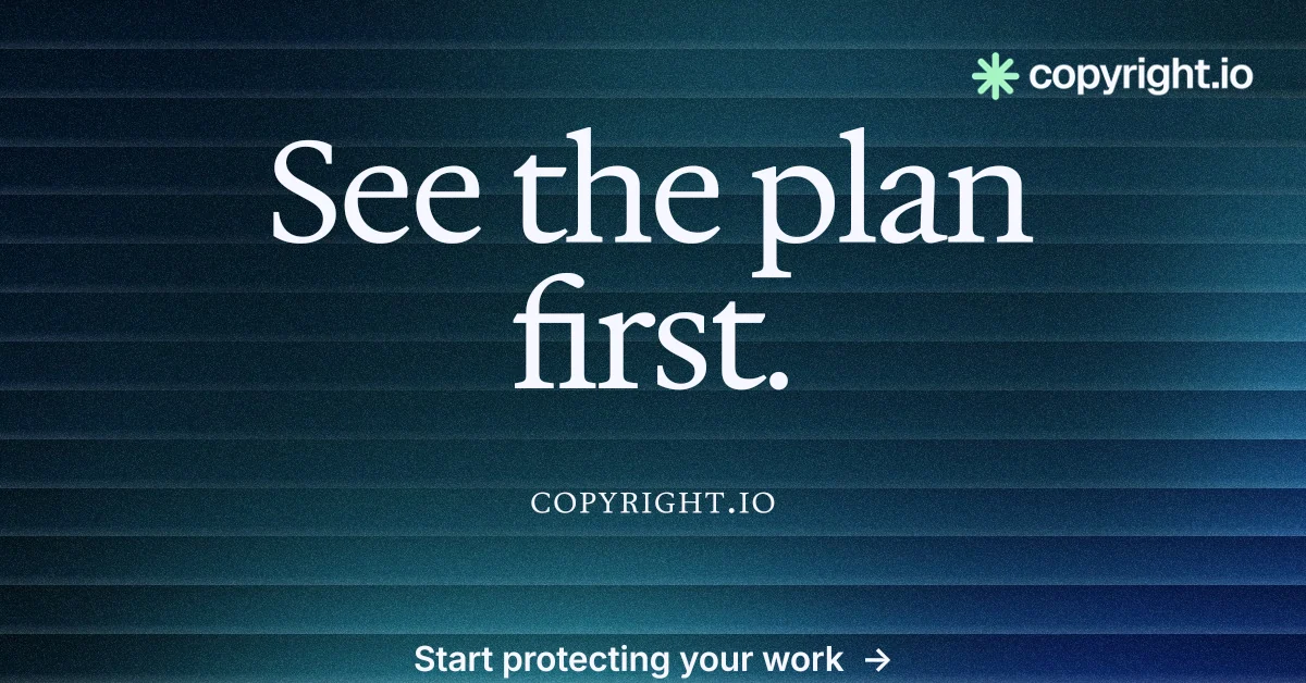 Social ad for copyright.io: "See the plan first." Agentic glass style, smallcaps layout, dark palette in blue, black.