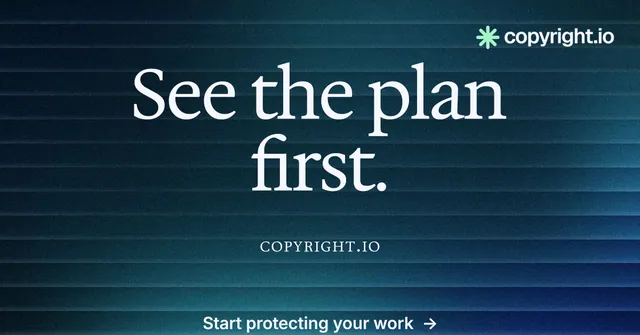 Social ad for copyright.io: "See the plan first." Agentic glass style, smallcaps layout, dark palette in blue, black.