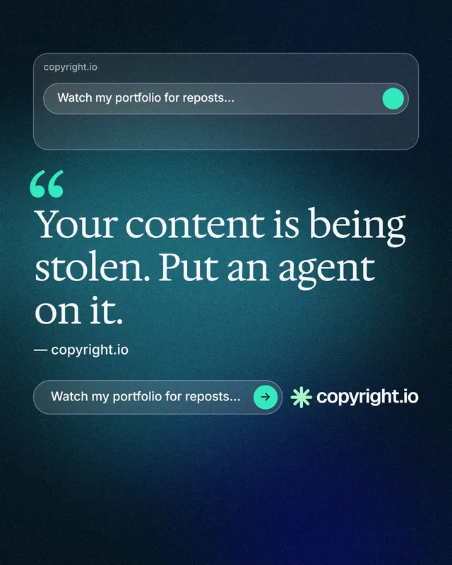 Instagram portrait post for copyright.io: "Continuous protection for creators." Agentic glass style, quote layout, dark palette in black, blue, teal.