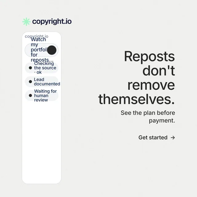 Instagram post for copyright.io: "Reposts don't remove themselves." Minimal luxury style, right layout, light palette in white.