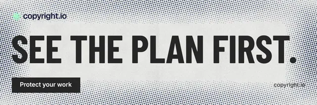 X header for copyright.io: "See the plan first." Retro print style, poster layout, light palette in grey, white.