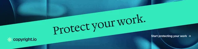 LinkedIn banner for copyright.io: "Protect your work." Minimal luxury style, diagonal layout, light palette in teal, blue.