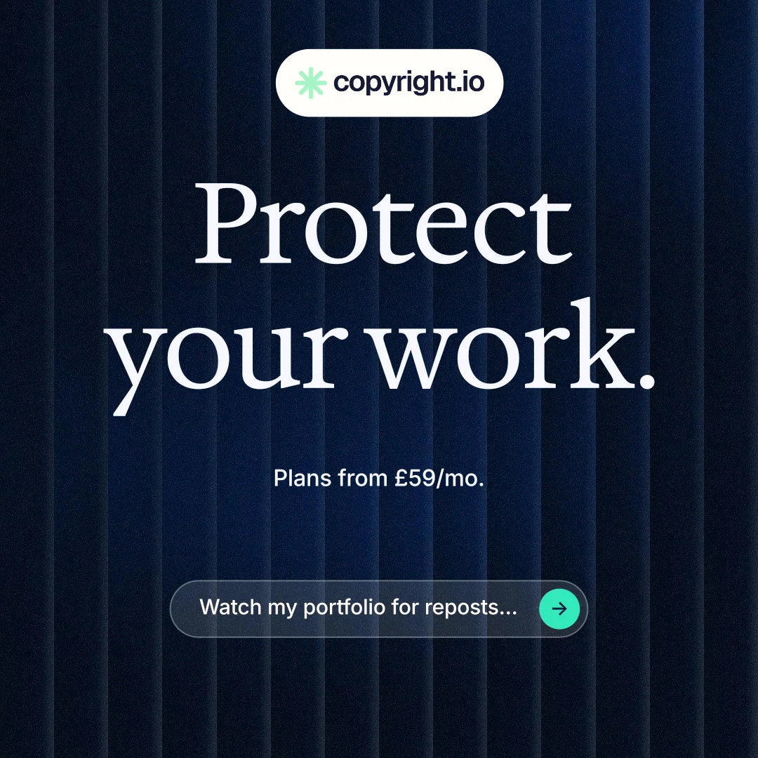 Instagram post for copyright.io: "Protect your work." Agentic glass style, centred layout, dark palette in black, blue, grey.