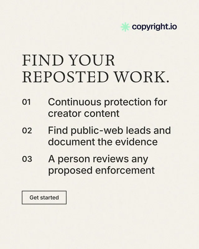 Instagram portrait post for copyright.io: "Find your reposted work." Editorial style, numbered layout, light palette in white, grey.