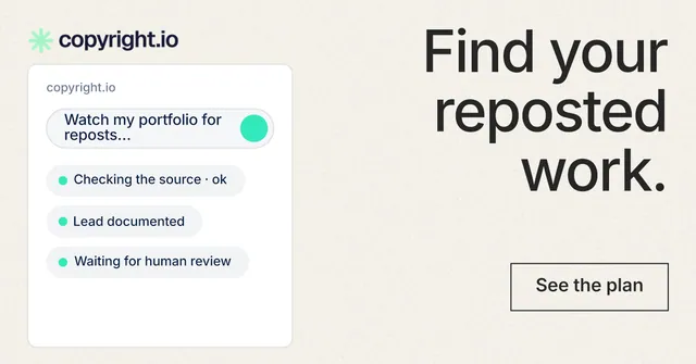 Social ad for copyright.io: "Find your reposted work." Editorial style, right layout, light palette in white, grey.