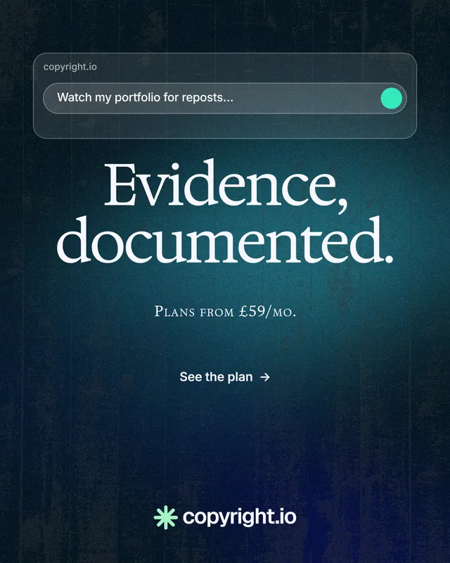 Instagram portrait post for copyright.io: "Evidence, documented." Swiss style, smallcaps layout, dark palette in blue, black, teal.