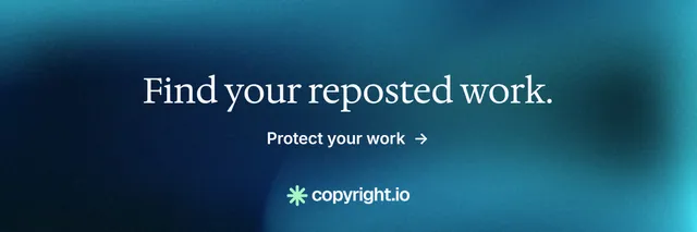 X header for copyright.io: "Find your reposted work." Minimal luxury style, skeleton layout, dark palette in black, blue, teal.