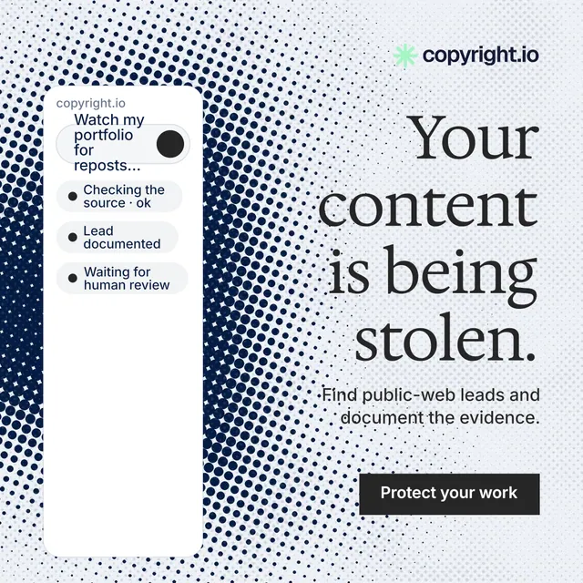 Instagram post for copyright.io: "Your content is being stolen." Split block style, right layout, light palette in blue, white, grey.