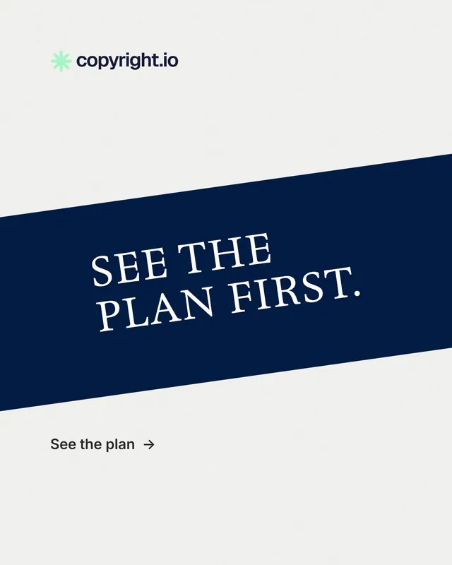 Instagram portrait post for copyright.io: "See the plan first." Minimal luxury style, diagonal layout, light palette in white, blue.