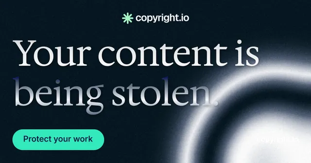 Social ad for copyright.io: "Your content is being stolen." Y2K style, poster layout, dark palette in black, grey, blue.