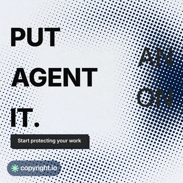 Instagram post for copyright.io: "Put an agent on it." Brutalist style, stacked layout, light palette in grey, blue, white.