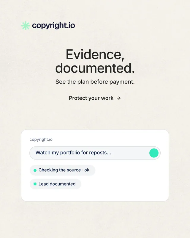 Instagram portrait post for copyright.io: "Evidence, documented." Minimal luxury style, centred layout, light palette in white, grey.