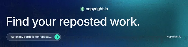 LinkedIn banner for copyright.io: "Find your reposted work." Agentic glass style, poster layout, dark palette in blue, teal.
