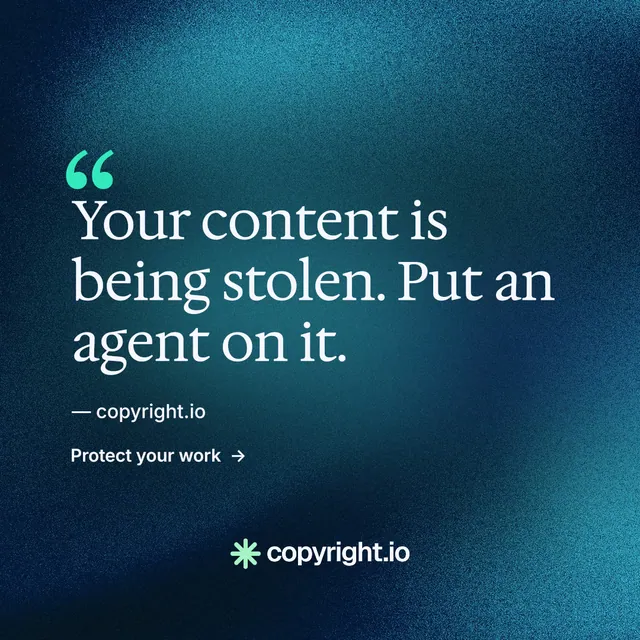 Instagram post for copyright.io: "Put an agent on it." Minimal luxury style, quote layout, dark palette in blue, teal.