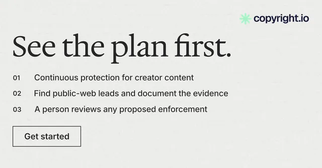 Social ad for copyright.io: "See the plan first." Editorial style, numbered layout, light palette in white, grey.