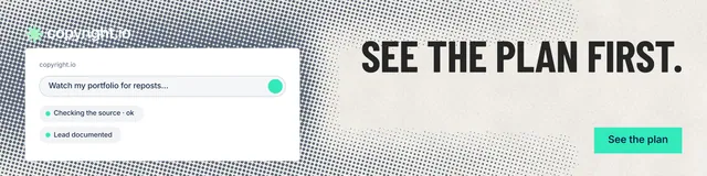 LinkedIn banner for copyright.io: "See the plan first." Retro print style, right layout, light palette in white, grey.