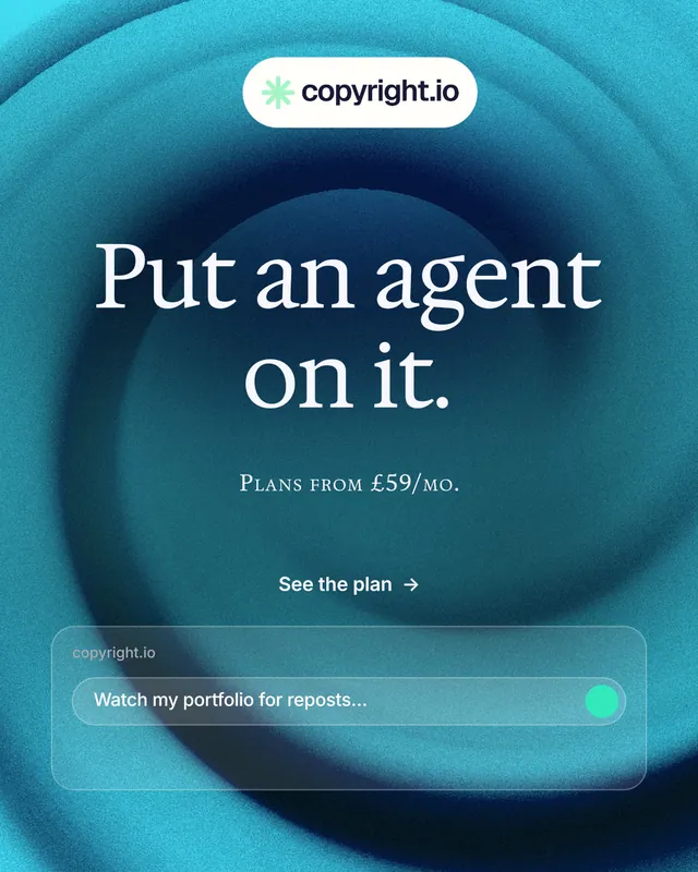 Instagram portrait post for copyright.io: "Put an agent on it." Agentic glass style, smallcaps layout, dark palette in teal, blue.