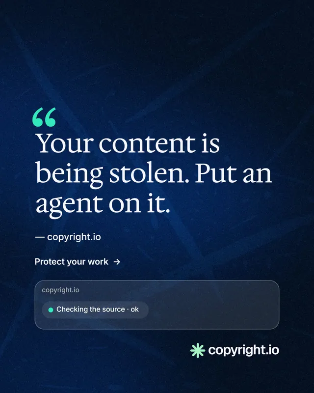 Instagram portrait post for copyright.io: "Reposts don't remove themselves." Minimal luxury style, quote layout, dark palette in blue, black.