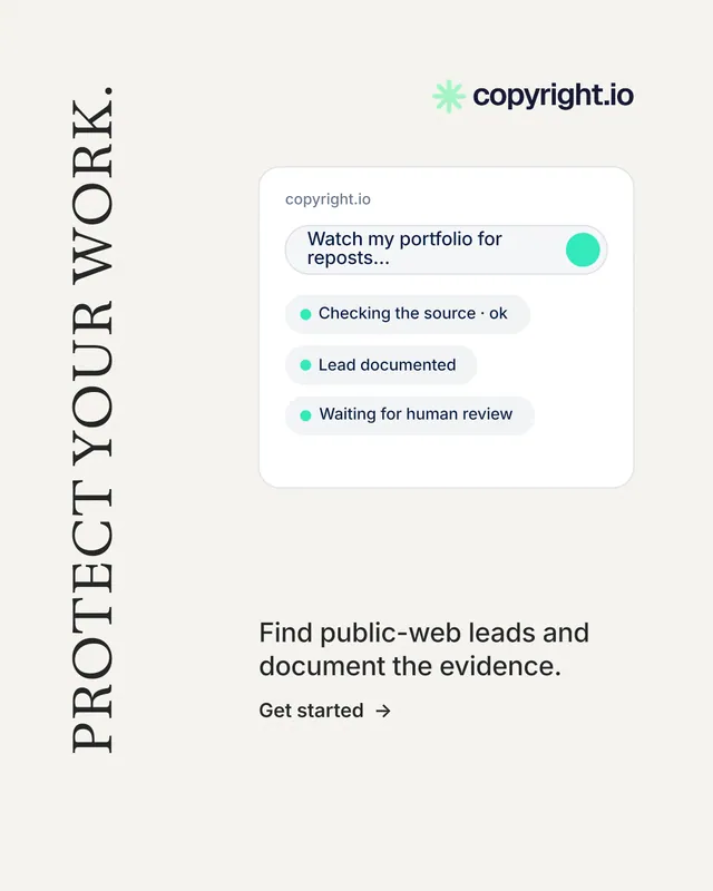 Instagram portrait post for copyright.io: "Protect your work." Minimal luxury style, vertical layout, light palette in white.