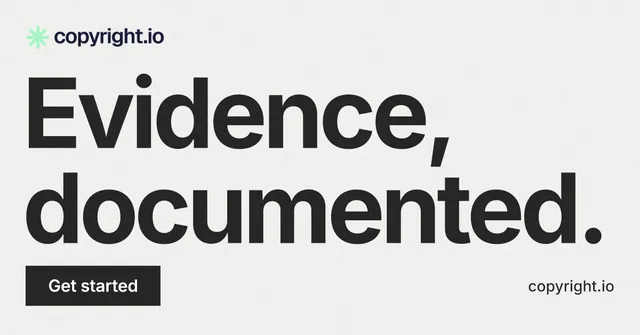 Social ad for copyright.io: "Evidence, documented." Swiss style, poster layout, light palette in white, grey, green.