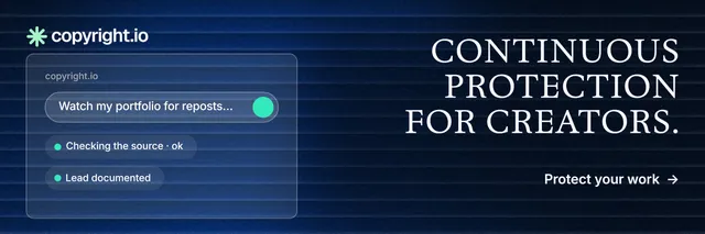 X header for copyright.io: "Continuous protection for creators." Minimal luxury style, right layout, dark palette in blue, black.