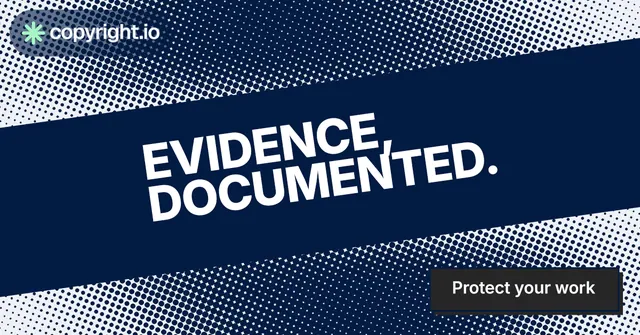Social ad for copyright.io: "Evidence, documented." Brutalist style, diagonal layout, dark palette in blue, grey.