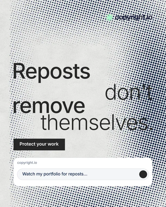Instagram portrait post for copyright.io: "Reposts don't remove themselves." Retro print style, stacked layout, light palette in grey, white.