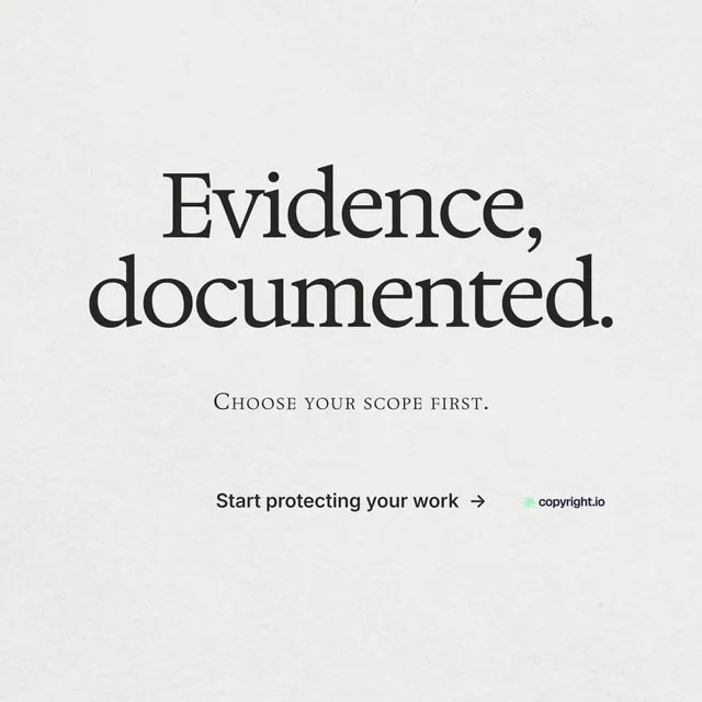 Instagram post for copyright.io: "Evidence, documented." Swiss style, smallcaps layout, light palette in white, grey.