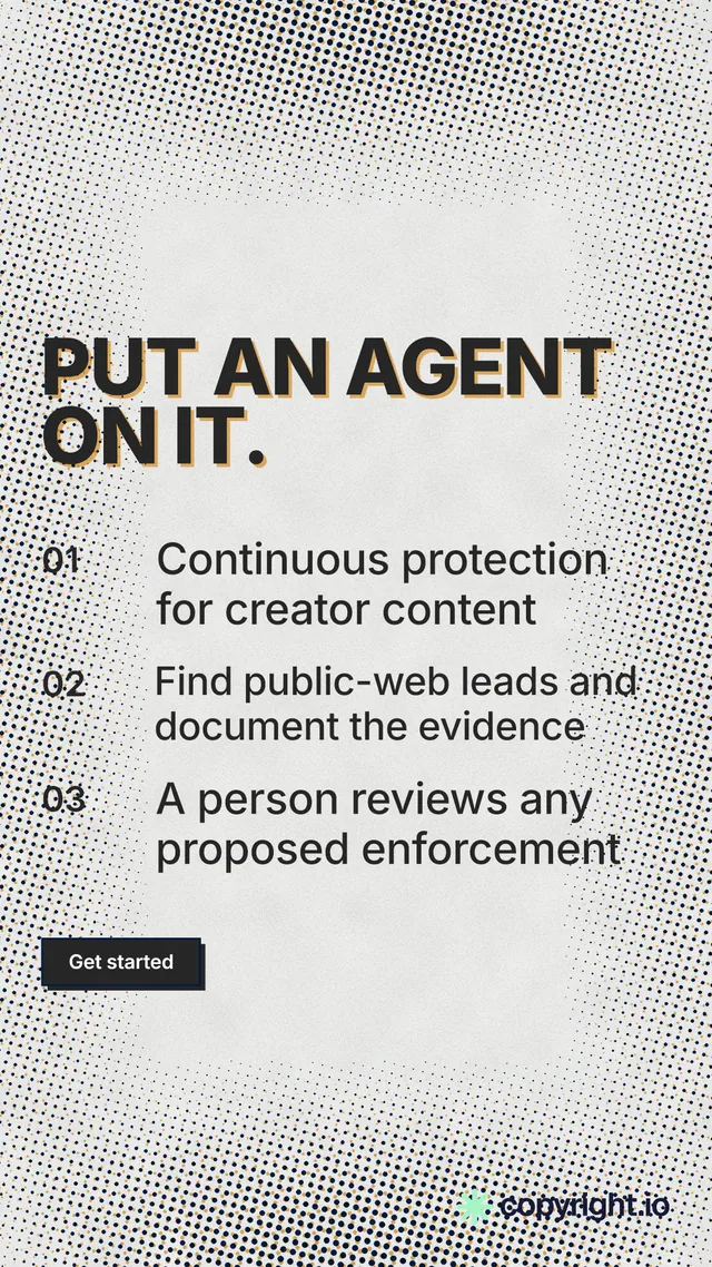 Instagram story for copyright.io: "Put an agent on it." Brutalist style, numbered layout, light palette in grey, white.