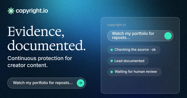 Social ad for copyright.io: "Evidence, documented." Agentic glass style, bottom layout, dark palette in blue, black.