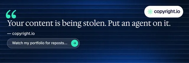 X header for copyright.io: "Reposts don't remove themselves." Agentic glass style, quote layout, dark palette in blue, black, grey.