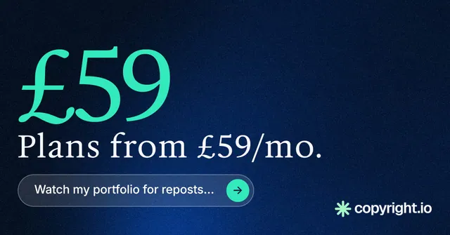 Social ad for copyright.io: "Put an agent on it." Agentic glass style, stat layout, dark palette in blue, black.