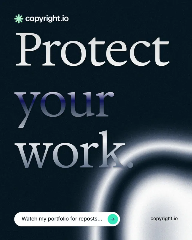 Instagram portrait post for copyright.io: "Protect your work." Agentic glass style, poster layout, dark palette in black, white, grey.