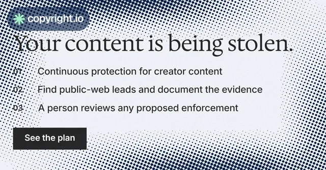 Social ad for copyright.io: "Your content is being stolen." Split block style, numbered layout, light palette in grey, blue, white.